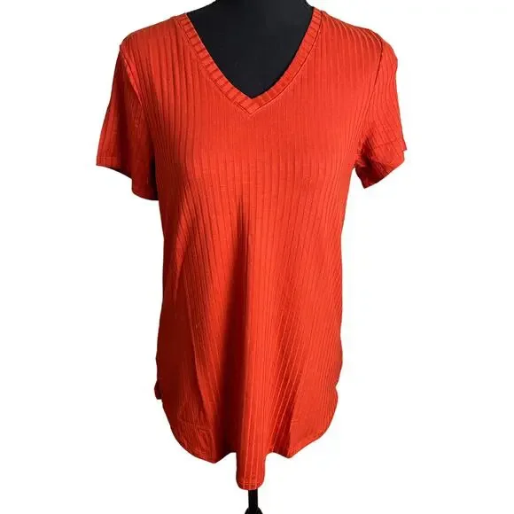 Cuddl Duds Wide Rib V-Neck Tee w/ Side Slits Terra Cotta Red NWOT SIZE XS - Picture 2 of 7
